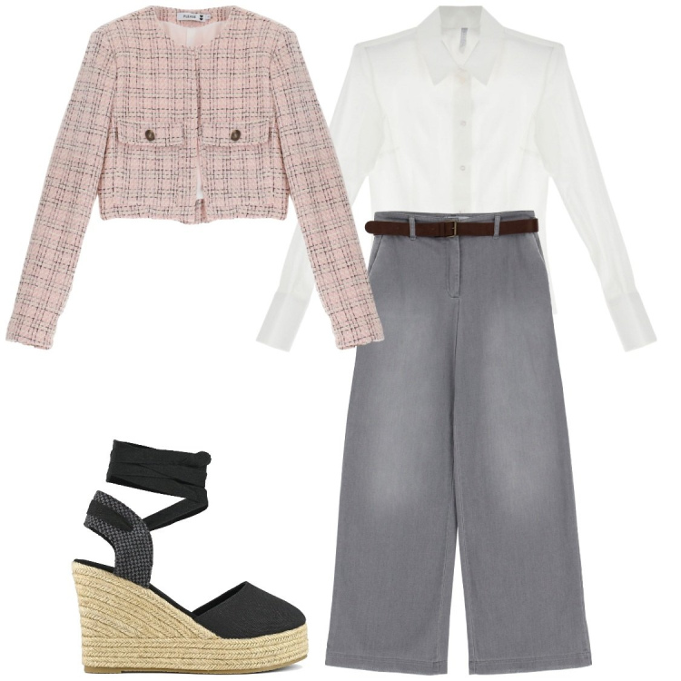 Outfit donna - Denim. Stile Casual per Tutti i giorni. Abbinamento con blazer, jeans dritti, body, espadrillas.