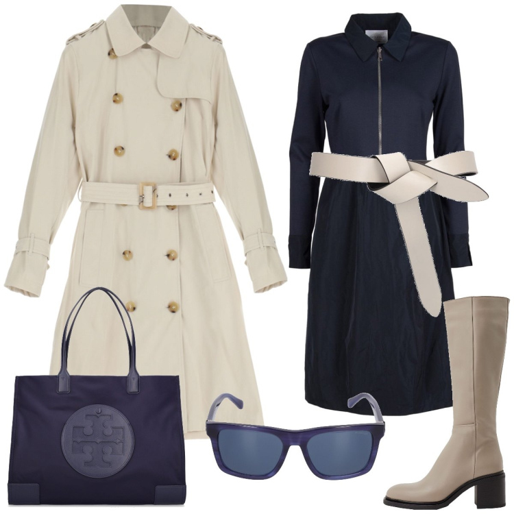 Outfit donna - Basic in città. Stile Basic per Tutti i giorni. Abbinamento con stivali, cappotti, vestiti, cinture, occhiali da sole, shopping bag.