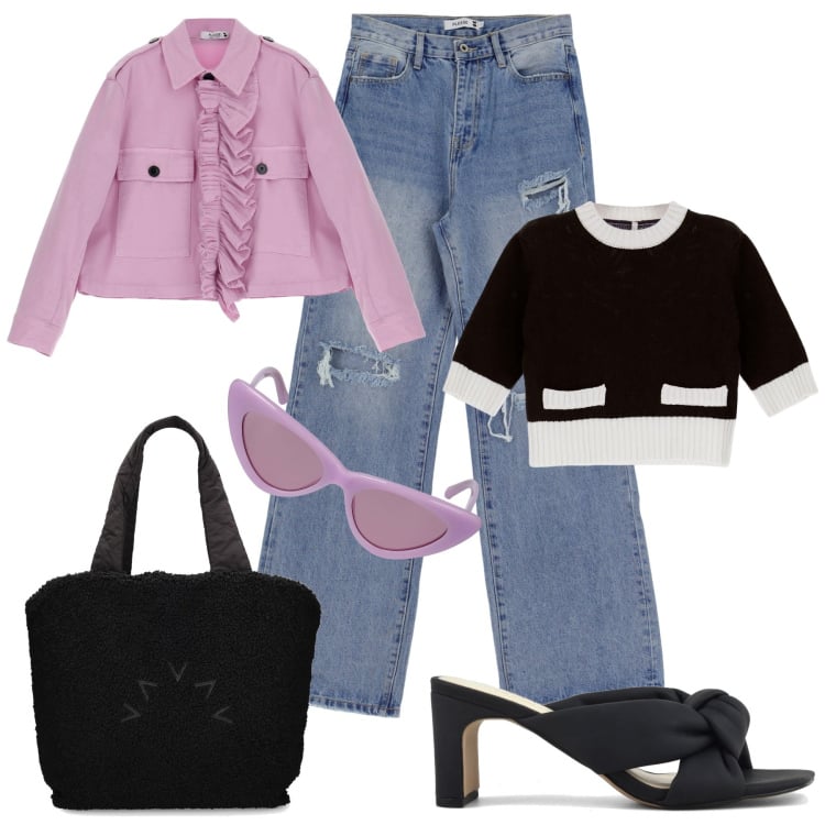 Outfit donna - Casual chic. Stile Casual chic per Tutti i giorni. Abbinamento con blazer, jeans dritti, pullovers, sandali col tacco, occhiali da sole, shopping bag.