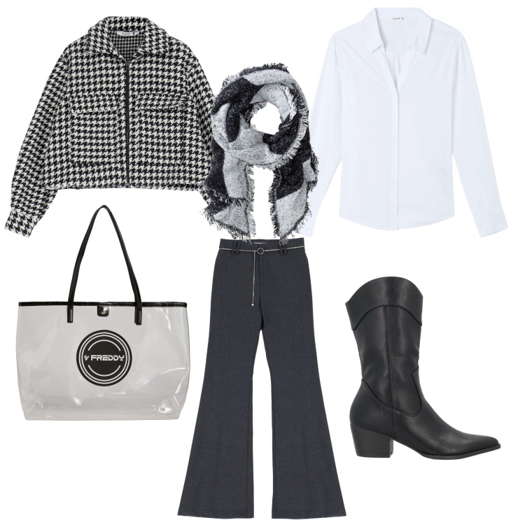 Outfit donna - Sporty chic ufficio. Stile Sporty chic per Ufficio. Abbinamento con sciarpe, stivali, camicie, blazer, pantaloni, shopping bag.