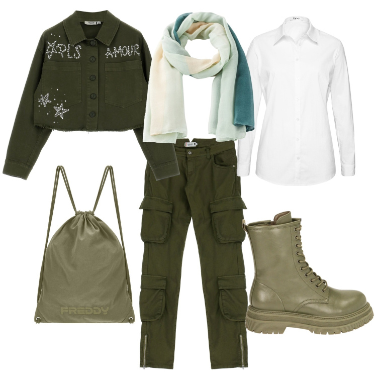 Outfit donna - Military. Stile Military per Scuola/Università. Abbinamento con camicie, sciarpe, pantaloni cargo, blazer, anfibi, zaini.