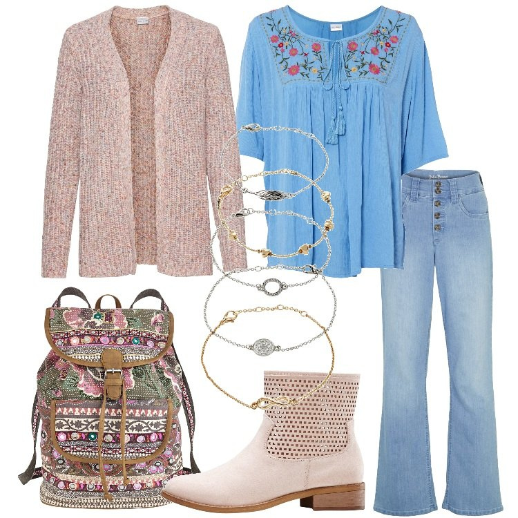 Outfit donna - Bonprix - Linee naturali. Stile Boho per Tutti i giorni. Abbinamento con tuniche, braccialetti con ciondoli, jeans dritti, cardigans, stivaletti, zaini.