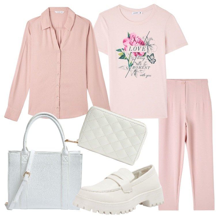 Outfit donna - Terranova SS24. Stile Romantica per Tutti i giorni. Abbinamento con pantaloni chino, camicie, t-shirt, mocassini, shopping bag, portafogli.