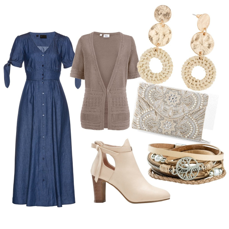 Outfit donna - Semplice country. Stile Casual per Tutti i giorni. Abbinamento con pochette, braccialetti, orecchini, vestiti, cardigans, stivaletti.
