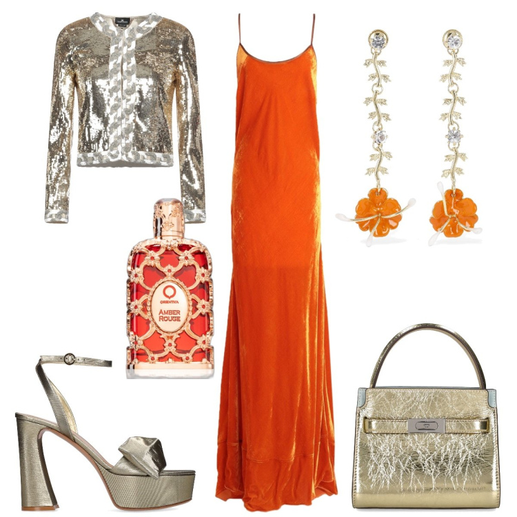 Outfit donna - Cerimonia. Stile Glamour per Cerimonia. Abbinamento con blazer, vestiti lunghi, profumi, sandali in pelle, orecchini, borse a mano.