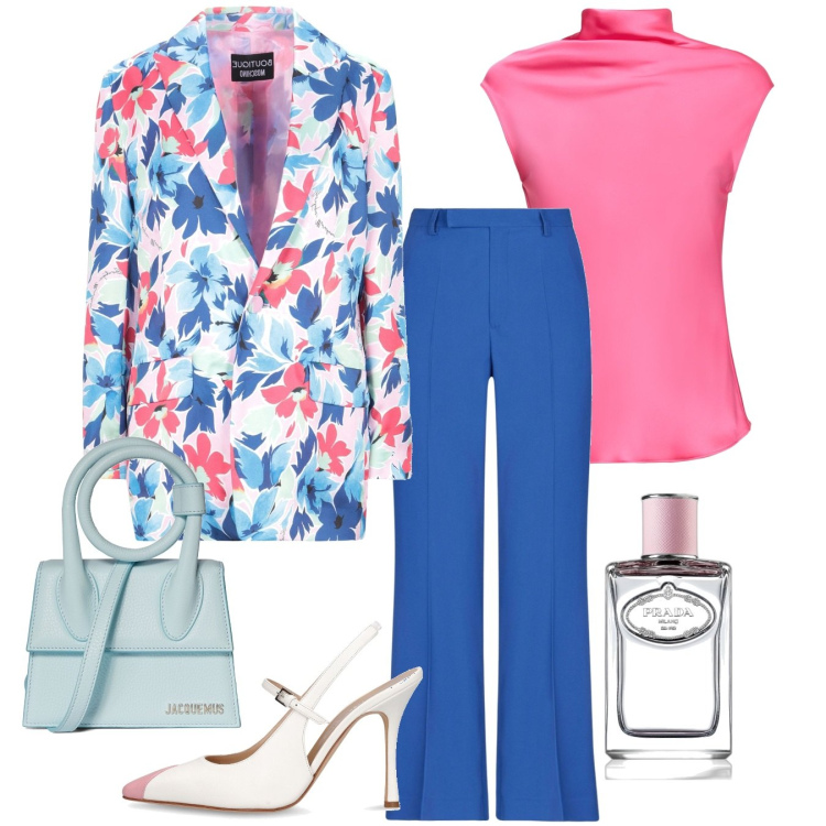 Outfit donna - Il blazer floreale. Stile Chic per Cerimonia. look ideale per Tall. Abbinamento con pantaloni, blazer, profumi, top, décolleté, borse a mano.