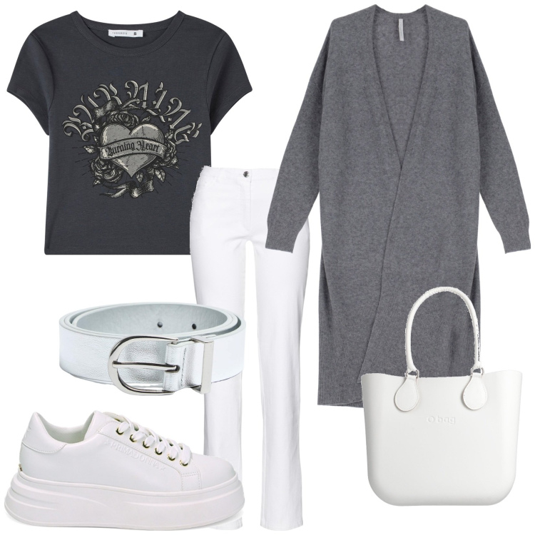 Outfit donna - T-shirt cropped. Stile Urban per Tutti i giorni. Abbinamento con pantaloni, borse a mano, t-shirt, cinture, cardigans, sneakers.