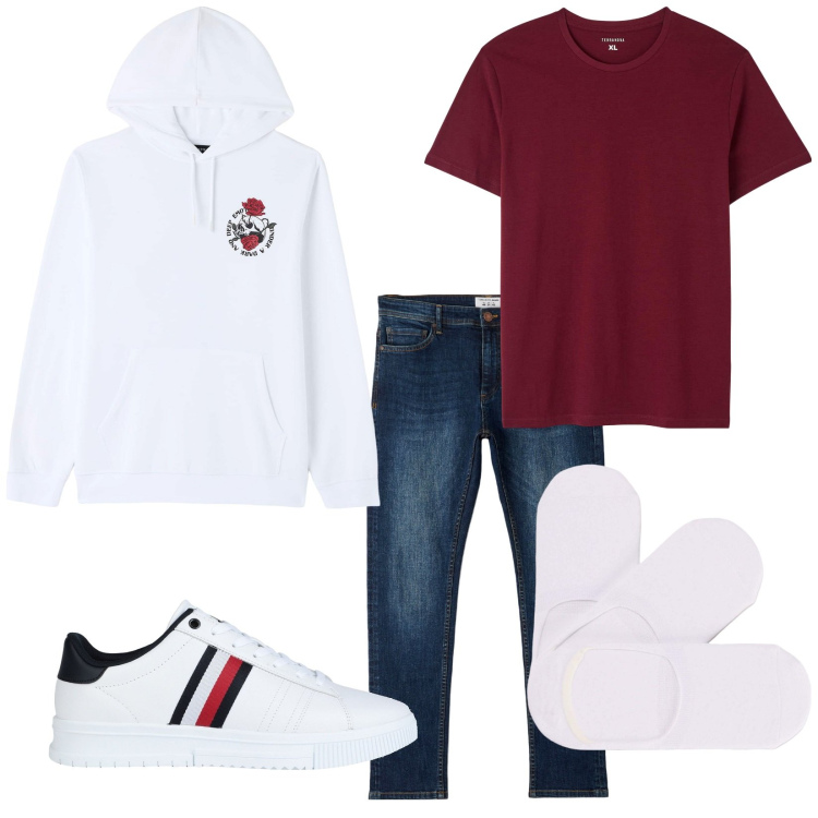 Outfit uomo - Total look #1824777. Stile Casual per Tutti i giorni. Abbinamento con sneakers, felpe con cappuccio, t-shirt, jeans skinny, calzini.