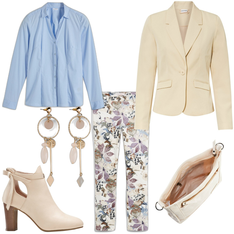 Outfit donna - Primavera 24 Bonprix. Stile Casual chic per Tutti i giorni. Abbinamento con pantaloni, blazer, camicie, stivaletti, orecchini, borse a tracolla.