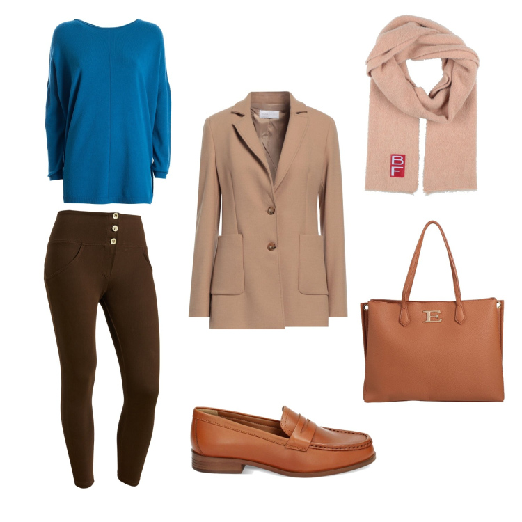Outfit donna - Un tocco di blu. Stile Casual per Tutti i giorni. Abbinamento con borse a mano, blazer, sciarpe, maglieria, mocassini, pantaloni skinny.