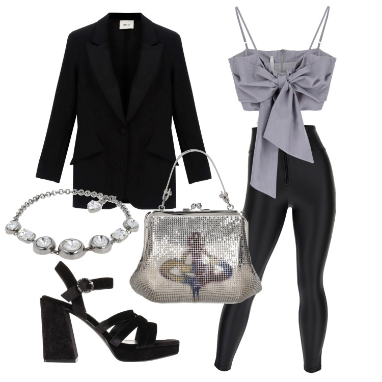 Outfit donna - Ghost outfitter - febbraio. Stile Glamour per Serata fuori. Abbinamento con sandali col tacco, top, pantaloni skinny, blazer, borse a mano, collane.