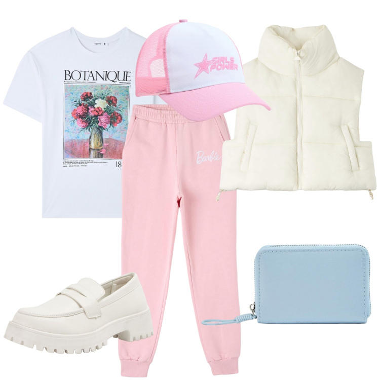 Outfit donna - Total look #1824804. Stile Casual per Tutti i giorni. Abbinamento con pantaloni, cappelli, t-shirt, piumini, mocassini, portafogli.