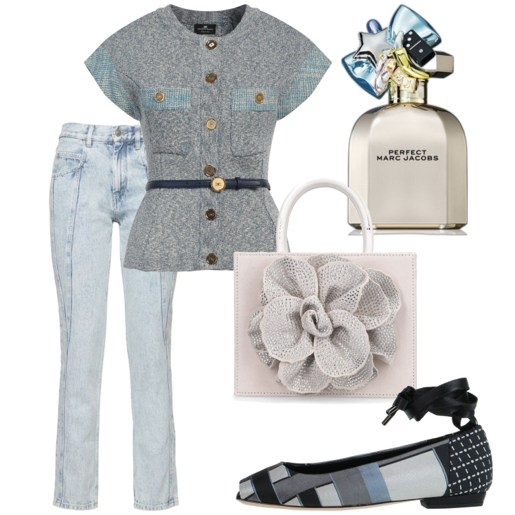 Outfit donna - Patchwork e fiori applicati. Stile Bon Ton per Ufficio. Abbinamento con cardigans, ballerine, profumi, borse a mano, jeans.