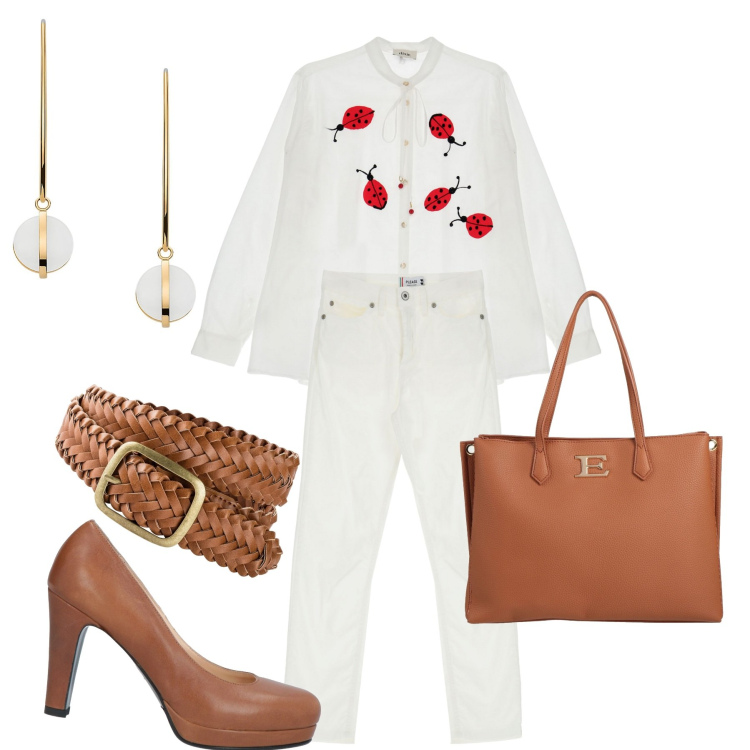 Outfit donna - Bianco e cuoio. Stile Casual chic per Ufficio. Abbinamento con cinture, borse a mano, décolleté, orecchini, jeans, camicie.