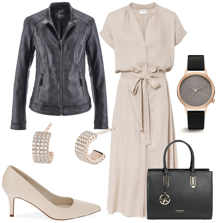 Outfit donna - Bon ton con grinta. Stile Glamour per Tutti i giorni. Abbinamento con vestiti chemisier, cappotti, orologi, orecchini, décolleté, borse a mano.