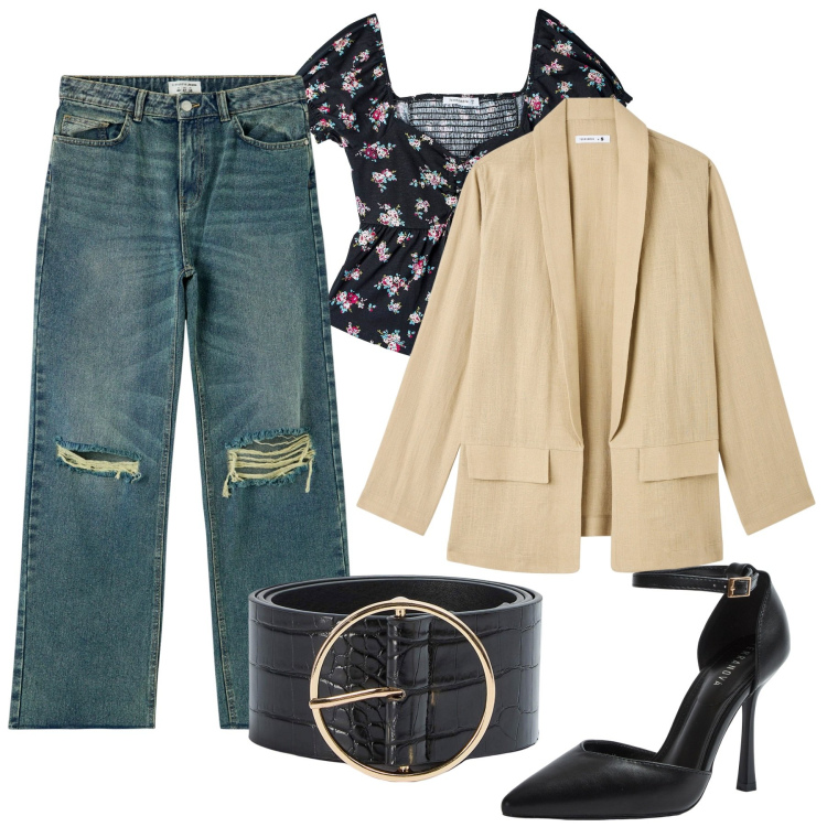 Outfit donna - Terranova/Serata fuori. Stile Bon Ton per Serata fuori. Abbinamento con jeans strappati, décolleté, cinture, blazer, bluse.