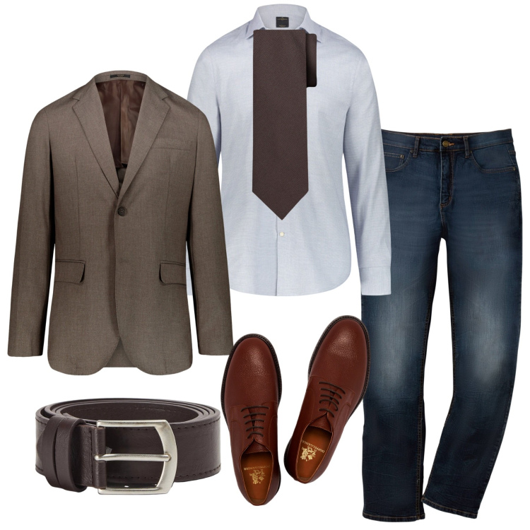 Outfit uomo - Con stile anche in jeans. Stile Casual per Serata speciale. Abbinamento con jeans dritti, cinture, giacche, scarpe stringate, camicie, cravatte.