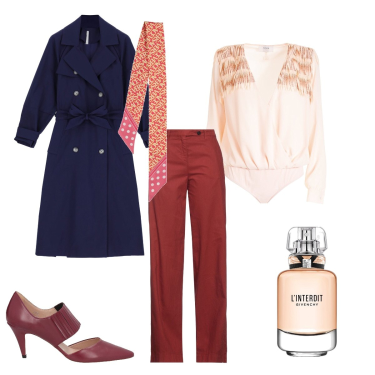 Outfit donna - "Aperitivo con le amiche". Stile Bon Ton per Serata fuori. Abbinamento con décolleté, pantaloni, profumi, body, trench, foulard.