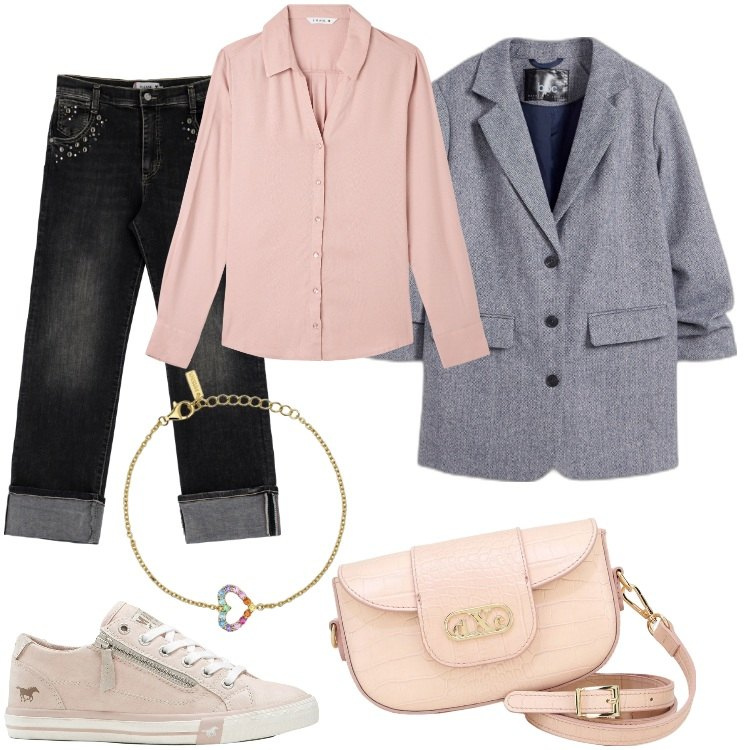Outfit donna - Casual morbido. Stile Casual chic per Tutti i giorni. Abbinamento con blazer, sneakers, camicie, braccialetti, jeans dritti, pochette.