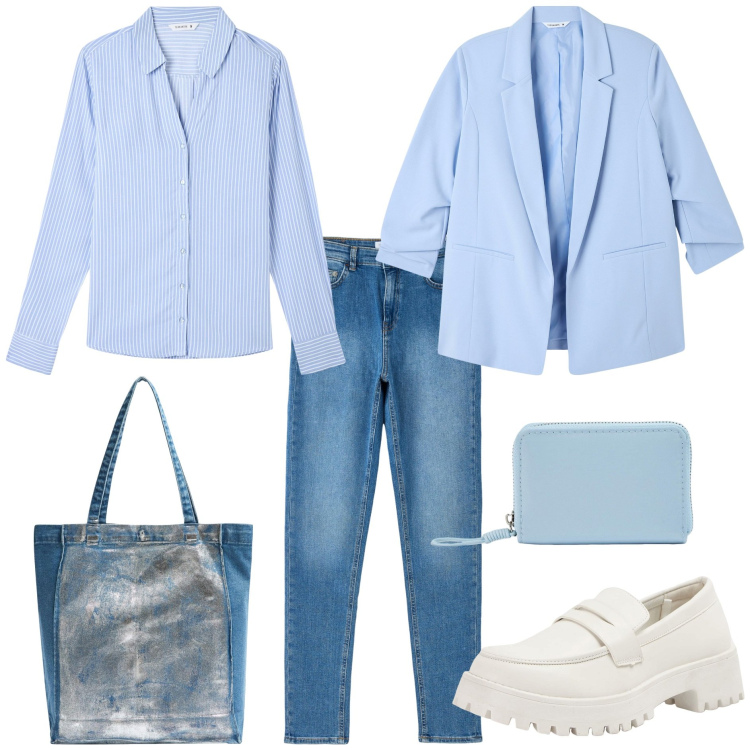 Outfit donna - Terranova SS 24. Stile Casual chic per Tutti i giorni. Abbinamento con camicie, mocassini, blazer, jeans skinny, shopping bag, portafogli.