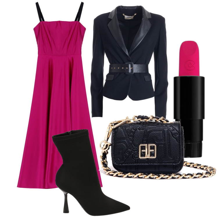 Outfit donna - Serata. Stile Glamour per Serata fuori. Abbinamento con rossetti, vestiti midi/longuette, blazer, marsupi, stivaletti.