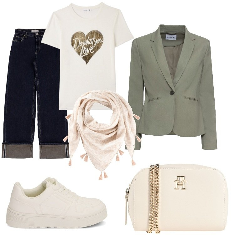 Outfit donna - che bella la primavera. Stile Casual per Tutti i giorni. Abbinamento con blazer, foulard, borse a tracolla, t-shirt, jeans, sneakers.