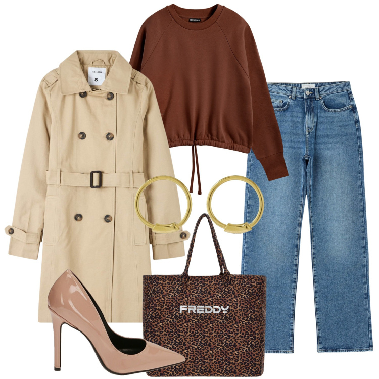 Outfit donna - In tacchi coi jeans. Stile Casual chic per Tutti i giorni. Abbinamento con trench, jeans dritti, borse tote, felpe, décolleté, orecchini.