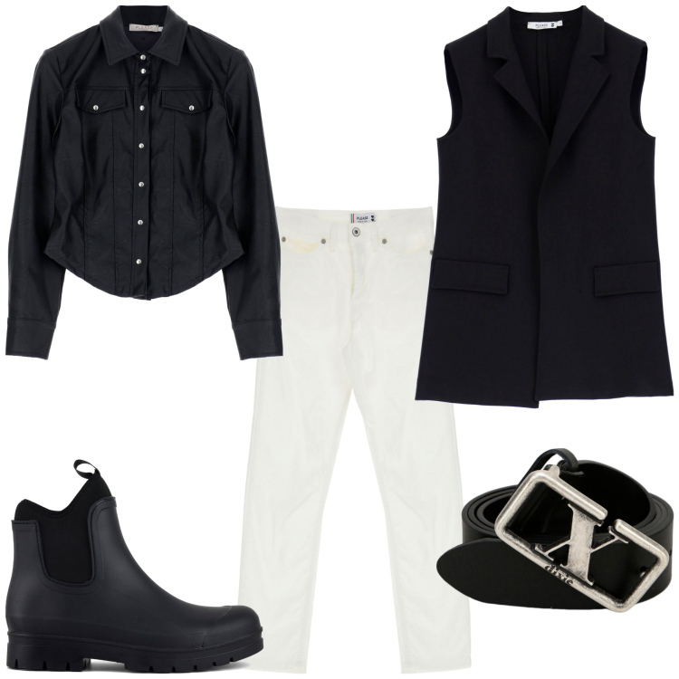 Outfit donna - Basic con stile. Stile Basic per Tutti i giorni. Abbinamento con gilet, jeans, camicie, cinture, stivali.