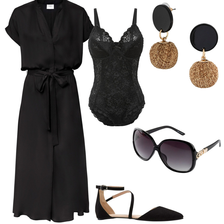 Outfit donna - Black. Stile Casual chic per Tutti i giorni. Abbinamento con vestiti chemisier, body, orecchini, occhiali da sole, ballerine.