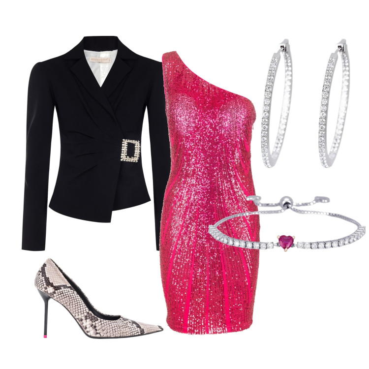 Outfit donna - Festa della donna con charme. Stile Casual chic per Serata fuori. Abbinamento con braccialetti, orecchini, décolleté, blazer, vestiti asimmetrici.
