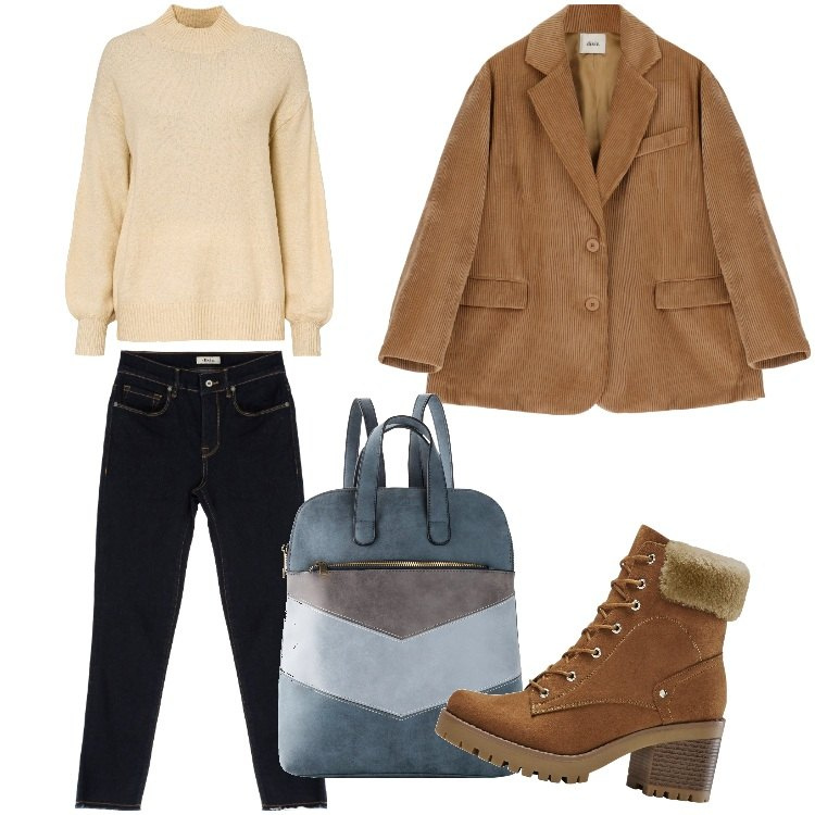 Outfit donna - Total look #1824982. Stile Casual per Tutti i giorni. Abbinamento con stivaletti, zaini, maglieria, blazer, jeans slim fit.