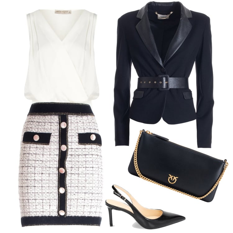 Outfit donna - Maestra Ida. Stile Bon Ton per Ufficio. Abbinamento con borse a tracolla, top, gonne, blazer, décolleté.