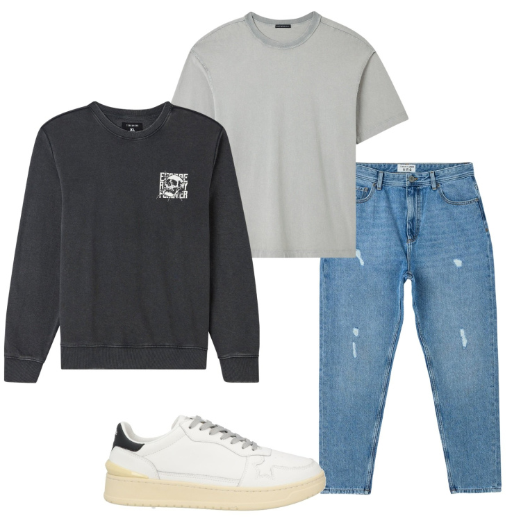 Outfit uomo - Total look #1824989. Stile Casual per Tutti i giorni. Abbinamento con sneakers, jeans strappati, felpe, t-shirt.