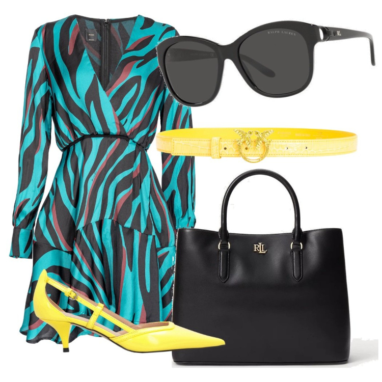 Outfit donna - Un tocco di giallo. per Serata fuori. Abbinamento con vestiti corti, décolleté, cinture, borse a mano, occhiali da sole.