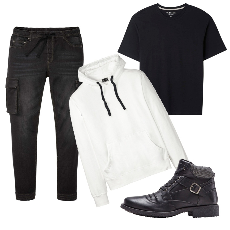 Outfit uomo - Total look #1824999 febbraio. Stile Casual per Tutti i giorni. Abbinamento con felpe con cappuccio, jeans slim fit, stivali e stivaletti, t-shirt.