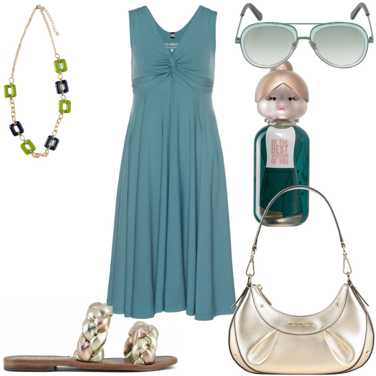 Outfit donna - Vestito lungo verde con una bella collan. Stile Casual chic per Tutti i giorni. Abbinamento con vestiti, borse a mano, profumi, occhiali da sole, ciondoli, ciabatte.