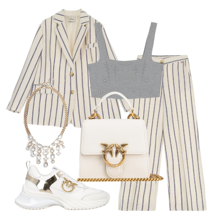 Outfit donna - Ghost outfitter - febbraio. Stile Casual chic per Tutti i giorni. Abbinamento con borse a tracolla, sneakers, pantaloni, blazer, top, collane.