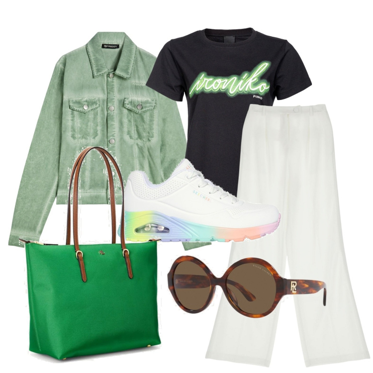 Outfit donna - Ghost outfitter - febbraio. Stile Casual per Tutti i giorni. Abbinamento con t-shirt, pantaloni, blazer, borse tote, occhiali da sole, sneakers.