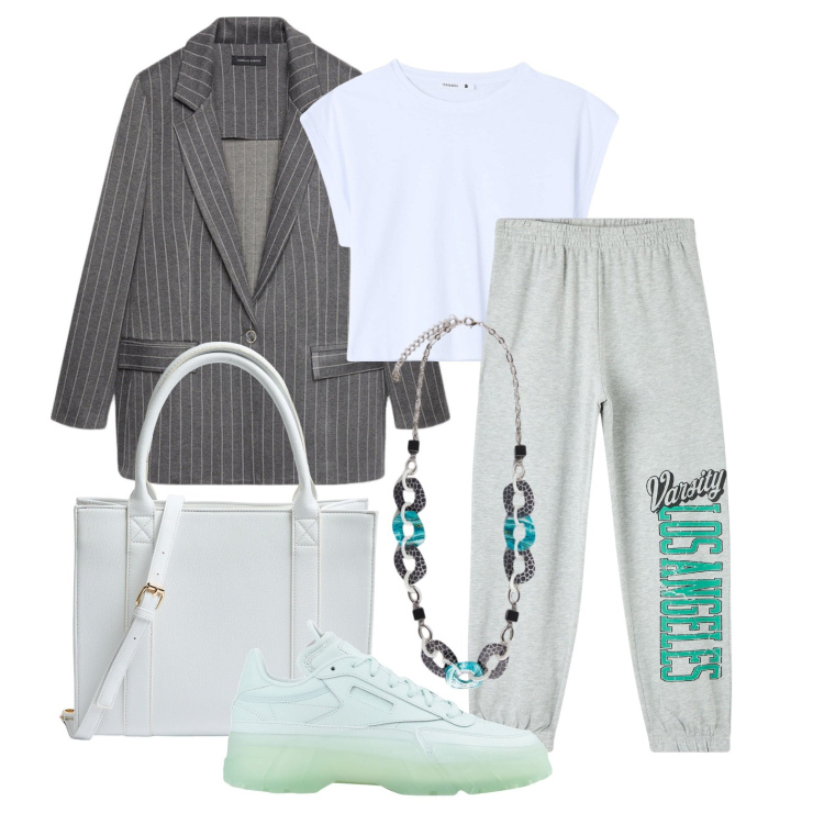 Outfit donna - Ghost outfitter - febbraio. Stile Casual chic per Tutti i giorni. Abbinamento con sneakers, pantaloni sportivi, t-shirt, shopping bag, blazer, collane.