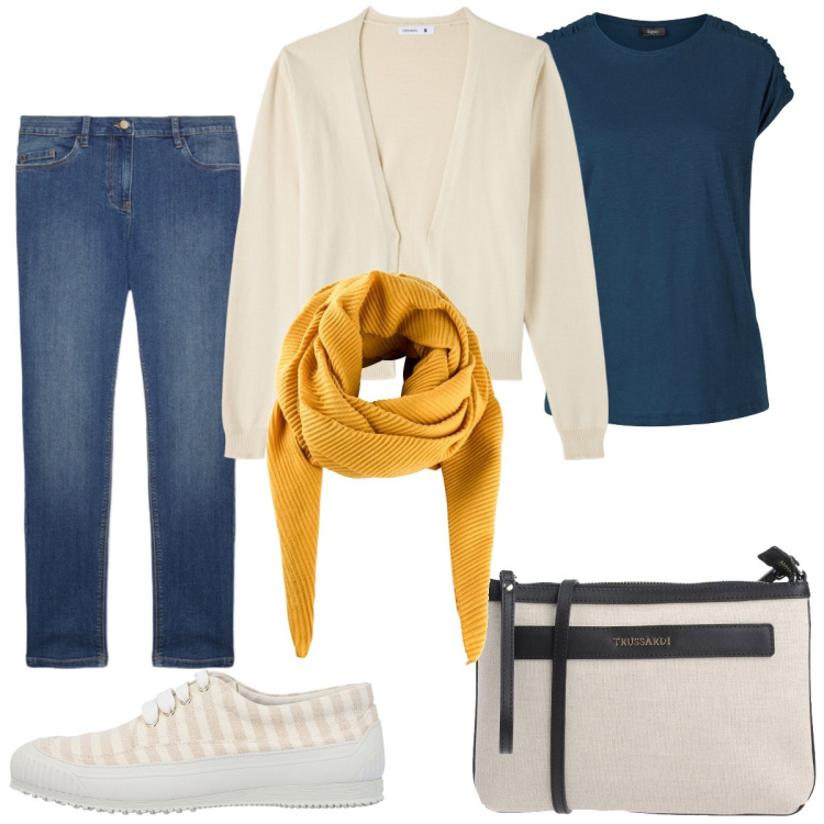 Outfit donna - Basic di gusto. Stile Basic per Tutti i giorni. Abbinamento con t-shirt, foulard, sneakers, borse a tracolla, cardigans, jeans skinny.