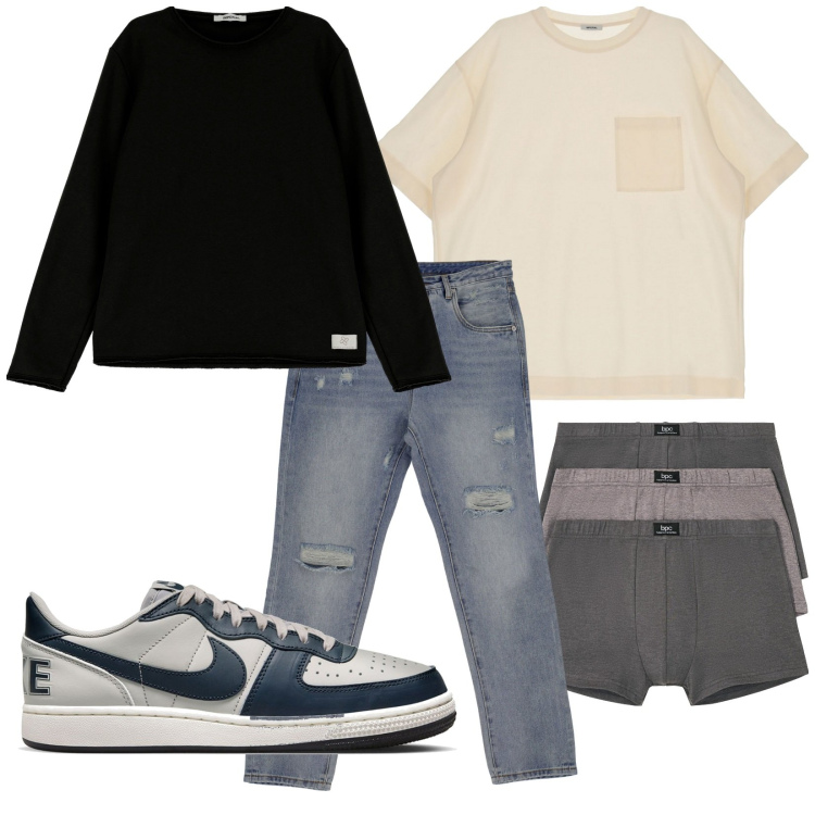 Outfit uomo - Total look #1825043. Stile Urban per Tutti i giorni. Abbinamento con boxer, jeans dritti, t-shirt, felpe, sneakers.