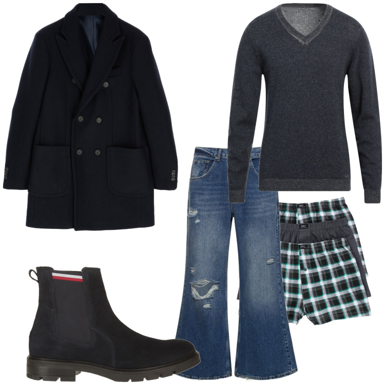 Outfit uomo - Total look #1825044. Stile Urban per Tutti i giorni. Abbinamento con boxer, stivali e stivaletti, pullovers, cappotti, jeans.