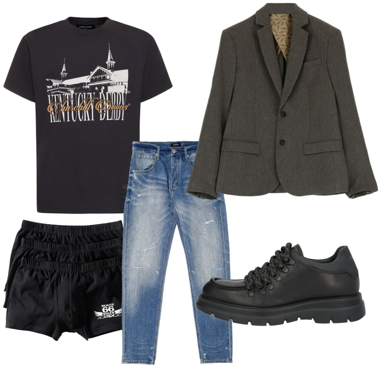 Outfit uomo - Total look #1825046. Stile Trendy per Tutti i giorni. Abbinamento con boxer, scarpe stringate, jeans dritti, giacche, t-shirt.