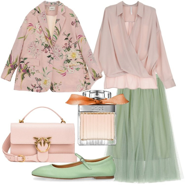 Outfit donna - Bantoa SS24. Stile Romantica per Cerimonia. Abbinamento con profumi, borse a tracolla, camicie, gonne lunghe, blazer, ballerine.