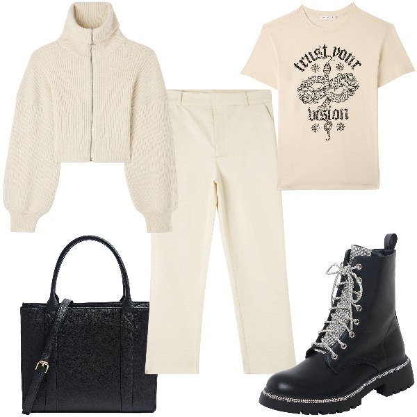 Outfit donna - Total look #1825070. Stile Urban Abbinamento con pantaloni chino, maglieria, t-shirt, anfibi, shopping bag.