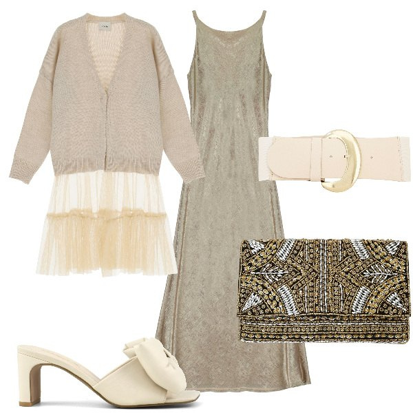Outfit donna - Total look #1825077. Stile Boho Abbinamento con cardigans, vestiti lunghi, pochette, cinture, sandali col tacco.