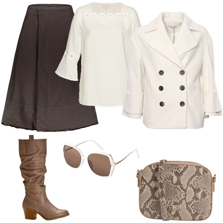 Outfit donna - Look marrone/panna. Stile Casual chic per Tutti i giorni. Abbinamento con stivali, bluse, occhiali da sole, borse a tracolla, cappotti, gonne lunghe.