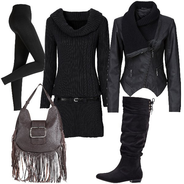 Outfit donna - Total look #1825174. Stile Rock Abbinamento con blazer, leggings, vestiti, stivali, borse a spalla.
