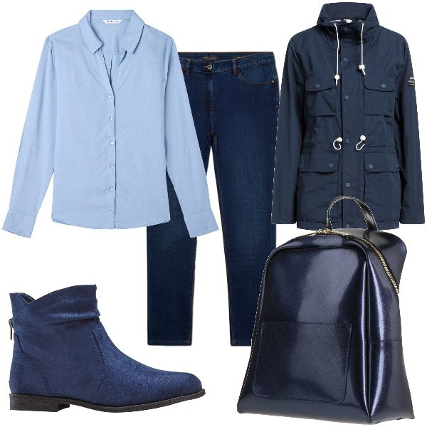 Outfit donna - Total look #1825176. Stile Basic per Ufficio. Abbinamento con stivaletti, zaini, blazer, camicie, jeans skinny.