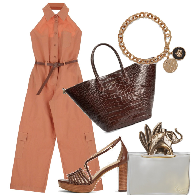 Outfit donna - Tuta. Stile Casual chic per Serata fuori. Abbinamento con profumi, tute, sandali in pelle, braccialetti con ciondoli, borse tote.